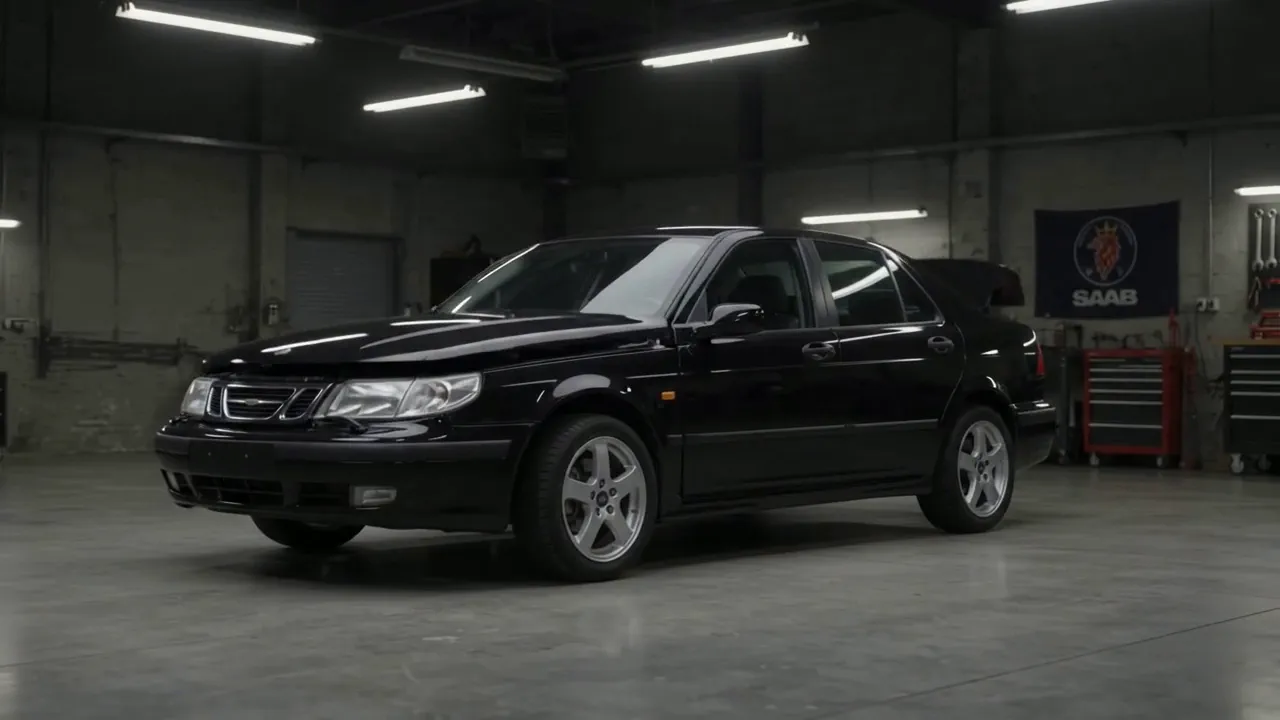 3D визуализация: черен SAAB 9-5 в сервиз с банер на SAAB – SAAB сервиз в Пловдив